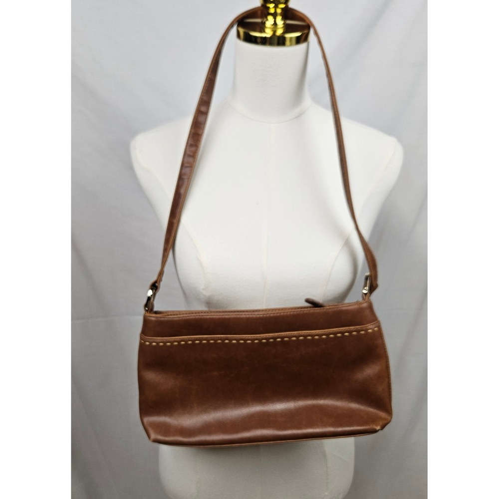 Liz Claiborne‎ Brown Faux Leather Shoulder Bag Multi Compartment Topstitch Trim